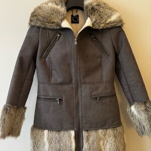 Women's Gray Faux Fur Trim Jacket